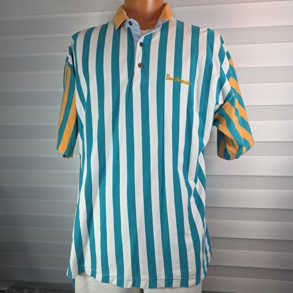 Vintage Boss America Triple Striped Polo Men's XL Short Sleeve Embroidered